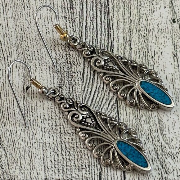 Turquoise Inlayed Dangle Earrings - Picture 2 of 3
